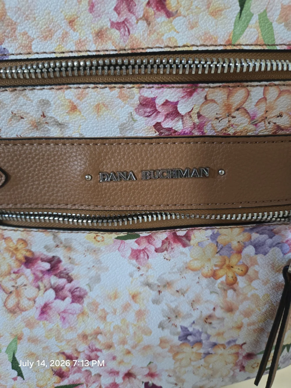 Dana Buchman Floral Crossbody in Pink, Cream and Tan Trim